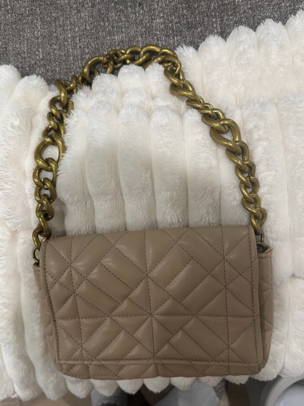 Zara Taupe Quilted Shoulder Bag with Oversized Gold Chain
